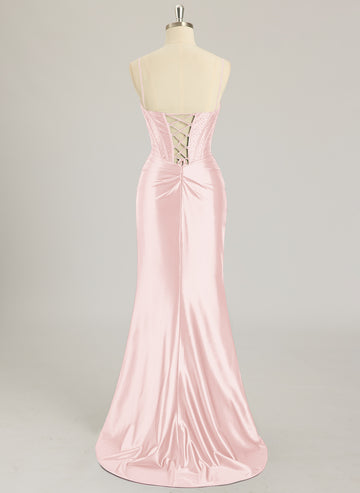 Trumpet/Mermaid V-Neck Sweep Train Silky Satin Prom Dresses With Rhinestone Sequins Beading